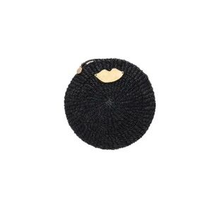 Clare V. Black Woven Raffia Circle Clutch Gold Lips Detail Summer Vacation Bag